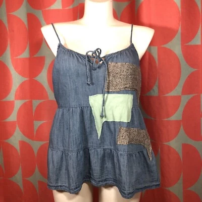 OOAK Upcycled Old Navy Denim Large Cami Tank Adjustable Straps Handmade Patches - Image 1 of 4