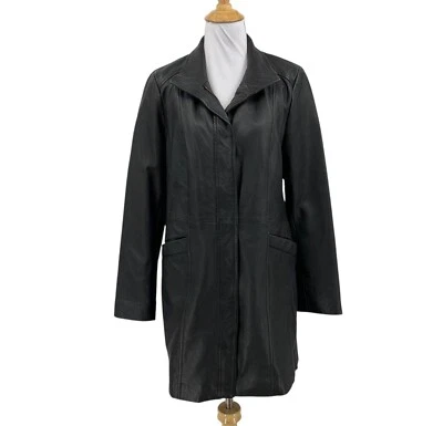 Abrigo Cole Haan Mujer M Mediano Negro Piel de Cordero Cuero Cremallera Completa Chaqueta Forrada a Presión Foto 1 de 4