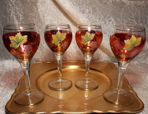 4 Gorgeously Handpainted Grapes & Leaves Cranberry Flash Romanian Wine Glasses - Picture 1 of 9