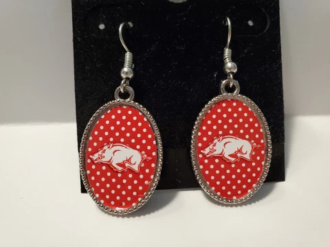 Arkansas Razorbacks Hog Mascot - Dangle Earrings - Red White Dots - Silver Tone Cover