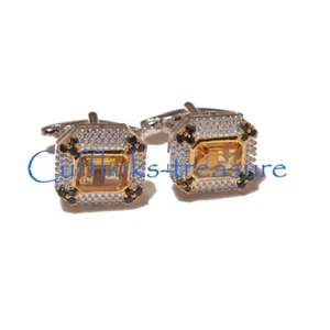 Natürliche Citrin & Saphir Steine vergoldet 925 Sterling Silber Manschettenknöpfe #5 - Bild 1 von 6