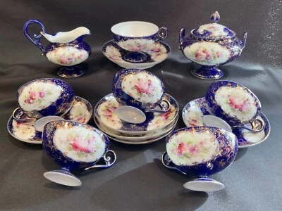 Juego de té de porcelana con cáscara de huevo azul cobalto y dorado NIPPON DOW SIE COT URE Foto 1 de 4