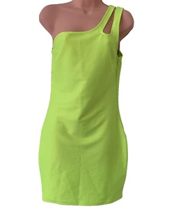 H&M Ribbed Cut Out One Shoulder Mini Dress Size M Neon Green - Picture 1 of 15
