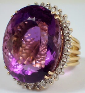 MASSIVE Vtg 28.7g SOLID 14k Yellow Gold Amethyst Diamond Halo Cocktail Ring Sz 9 - Picture 1 of 20