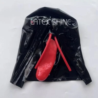 Máscara de goma con capucha de látex con funda roja para boca y tubo nasal largo para fiesta fetiche Reino Unido Foto 1 de 4