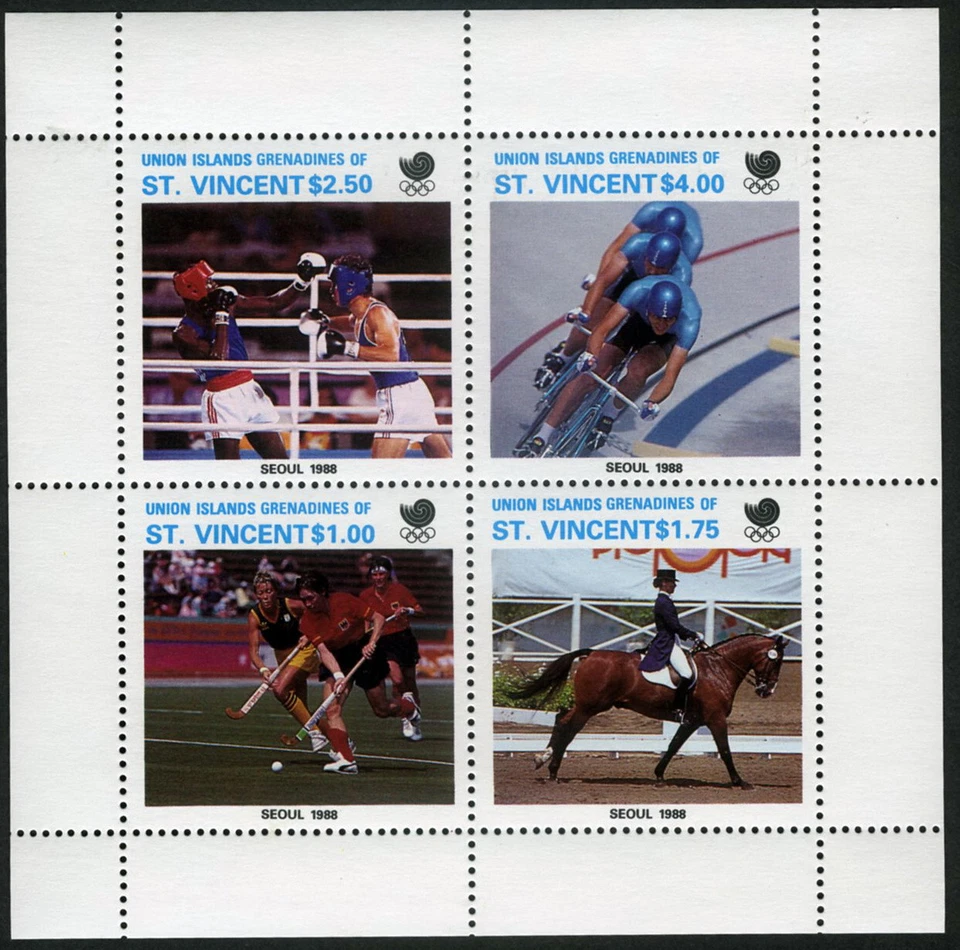 Union Island 1988 年夏季奥运会拳击自行车马术微型床单全新邮票 — 第 1/1 张图片