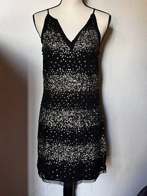 Anthropologie Moulinette Soeurs Y2K Mini Dress Large Black Sequins Frayed Hem  - Image 1 of 4