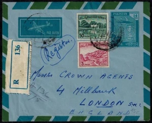 Pakistan 1955 Registered Airmail Cover w/ Added Stamps & London Backstamp - Picture 1 of 3