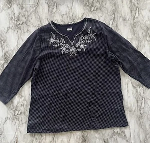 Basic Editions Women’s  Size 2X Navy Polka Dot Floral Embroidered Long Sleeve - Picture 1 of 5