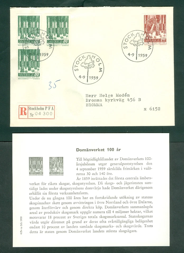 Sweden. FDC 1959.Reg#4300. Adm. Crown Land And Forest. Tree. Sc#3/544-545. Adr: - Image 1 of 1