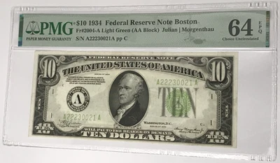1934 $10 Federal Reserve Note Boston PMG 64 CU EPQ Fr#2004-A Light Green - Image 1 of 2