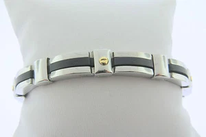 Men's Shinny Stainless Steel Bracelet Black Rubber & Gold Plated Screw 8.5 " - Picture 1 of 5