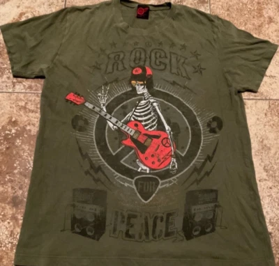 MAD ENGINE ROCK FOR PEACE GRAPHIC T-SHIRT ( MENS MEDIUM ) OLIVE GREEN PREOWNED - Image 1 of 4