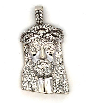 14K White Gold Round Pave Diamond Jesus Christ Face Statement Pendant - Image 1 of 4