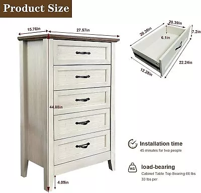 Cómoda de madera vintage cómoda organizadora de almacenamiento de 5 cajones altos Foto 1 de 4