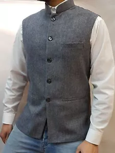 MEN’S HERRINGBONE TWEED COLLARED PEAKY BLINDER WAISTCOAT-MODI-BEATLE NECK - Picture 1 of 9