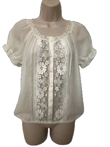 Eyelash Couture White Blouse Size S Sheer Short Sleeve Lace Front Women's - Picture 1 of 4