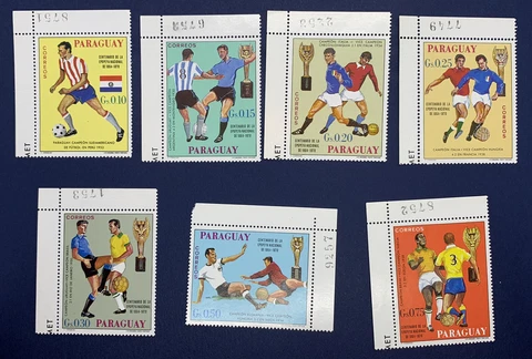1969 PARAGUAY STAMPS #1189-1195 WORLD SOCCER TABS W/ UPSIDE DOWN PLATE MUMBER Cover