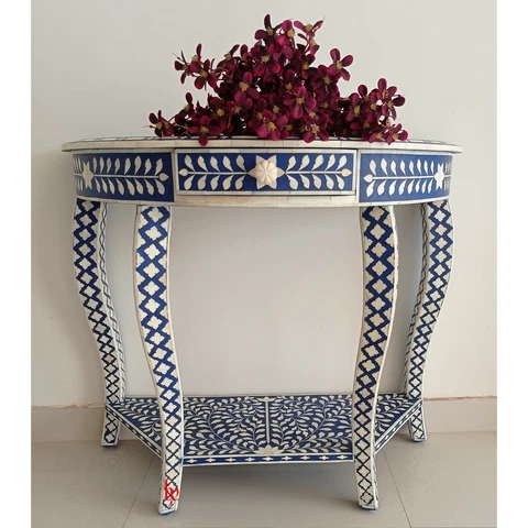 Handmade Bone Inlay Semi Round Floral Pattern Console Table for Home and office Cover