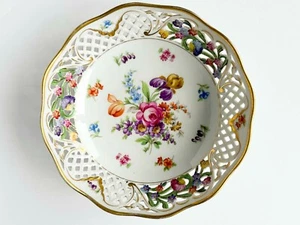 Cuenco de flores vintage bávaro de Dresde con borde reticulado - Plato Schumann de 10" - Imagen 1 de 3