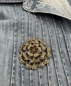 Vintage Amber Brown Rhinestone Flower Silver Tone Brooch, Large - Picture 1 of 6