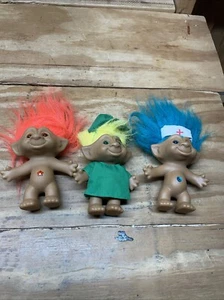 3 Vintage 1990's 4" Ace Novelty Troll Dolls Orange, Blue & Yellow Hair / Jewels - Picture 1 of 9