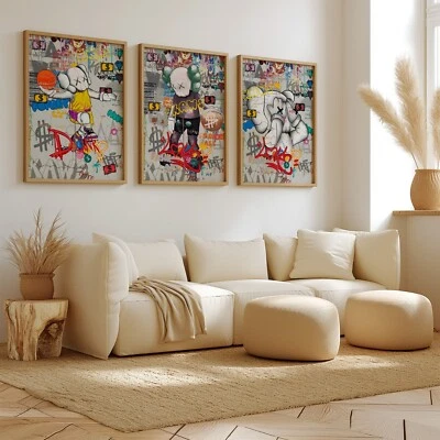 Conjunto de 3 carteles Hypebeast Kaws estilo graffiti arte de pared impresiones A4 A3 A2 Foto 1 de 4