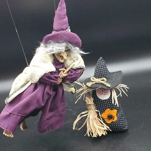 Vtg Hanging Flying Witch On Broom & Plaid Weighted Witch - Picture 1 of 9