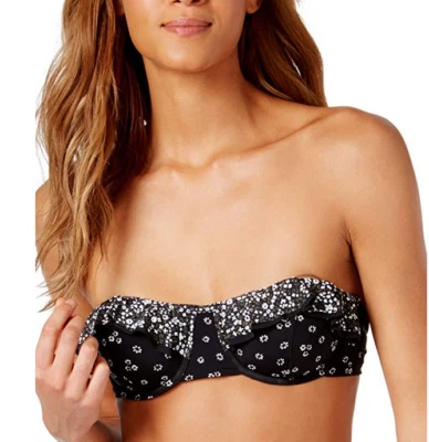 Top de bikini bandeau para mujer Michael Kors con volantes y aros, negro, talla XS Foto 1 de 4