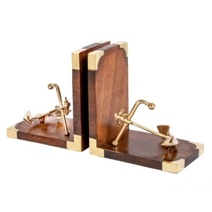 Gold Brass Anchor Bookends on Brown Wooden Base, 6″ x 4″ x 6.5″ - Picture 1 of 4