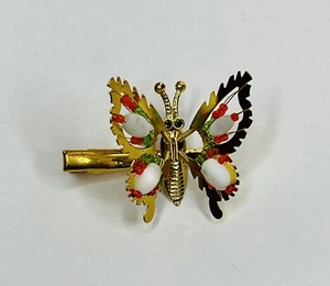 Vtg Hair Clip Green Orange Bead Butterfly Moveable Wings Trembler Gold Tone NEW - Picture 1 of 4