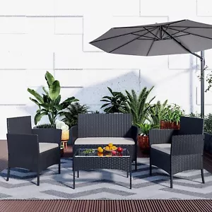 4 Personen Polyrattan Sitzgruppe Balkon Rattanlounge Gartenmöbel-Set Schwarz - Bild 1 von 8