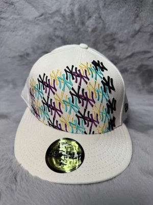Vintage New York Yankees Hat Cap 7 3/8 White All Over Print New Era MLB Baseball - Image 1 of 4