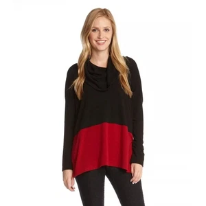 Karen Kane Neu mit Etikett 4L43176 rot schwarz Kontrast Wasserfallausschnitt Stretch Strick Tunika Pullover 1X - Bild 1 von 13