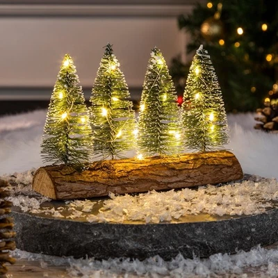 4 Mini Weihnachtsbäume auf Baumstamm mit 20 LEDs Weihnachtsbaum Tannenbaum - Bild 1 von 4