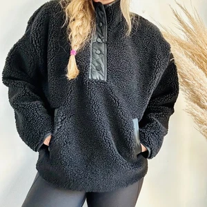 NEU ATHLETA klassischer schwarzer Sherpa Teddy Mantel halber Knopf Jacke Pullover L neu mit Etikett - Bild 1 von 12