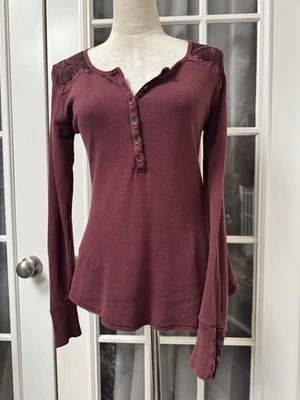 Lucky Brand Thermal Henley Top S Burgundy Lace Trim Boho Elena Gilbert Style - Image 1 of 4