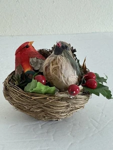 "Estatuilla de Navidad vintage hecha a mano pájaros en nido adorno pájaro rojo marrón 4""" - Imagen 1 de 19