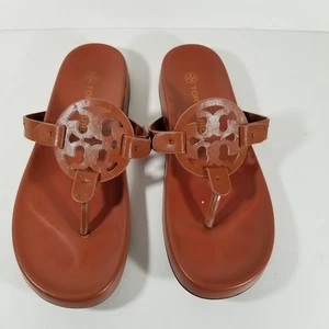 Tory Burch Miller Sandals Women's 8-9 Logo Thong Flip Flops Brown - Picture 1 of 8