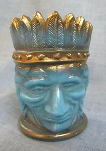 VINTAGE JOE ST CLAIR ART GLASS INDIAN HEAD TOOTHPICK HOLDER TEAL BLUE CARNIVAL - Picture 1 of 6
