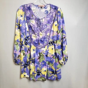 OLIVE HILL Bohemian Peasant Floral Blouse Women L Purple Cheerful Lace Tie Waist - Picture 1 of 10