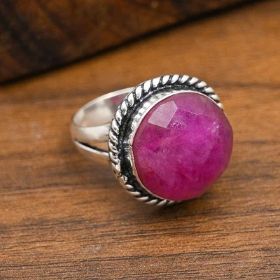 Faceted Ruby Lab-Created Gemstone Handmade 925 Sterling Silver Jewelry Ring - Image 1 of 4