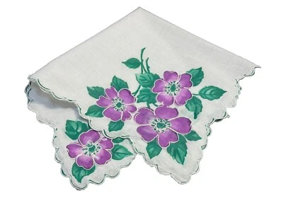 Pañuelo vintage púrpura floral blanco borde festoneado pañuelo Foto 1 de 4