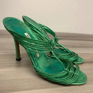 Manolo Blahnik HIDA Metallic Leather Slides High Heels Green Shoes 38 US 8 - Picture 1 of 11