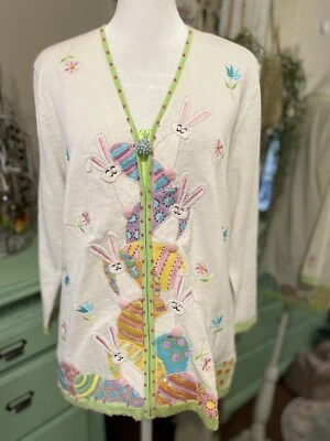 Suéter De Colección Jack B Bordado Rápido Lentejuelas Cuentas Cremallera Conejitos de Pascua Huevos M Foto 1 de 4