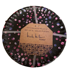 6pc Nicole Miller Melamine Black Purple Pink Dot Galaxy Salad Dessert Plate Set - Picture 1 of 4