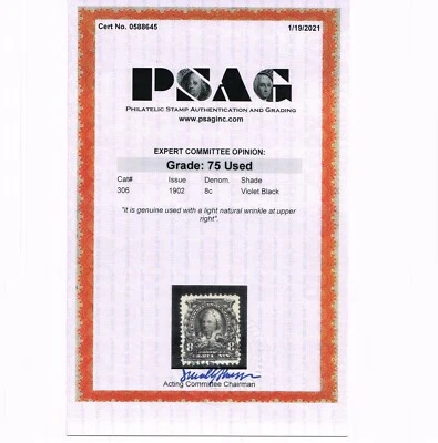GENUINE SCOTT #306 USED 1902 PSAG CERT GRADED F-VF MARTHA WASHINGTON #15226 - Image 1 of 3