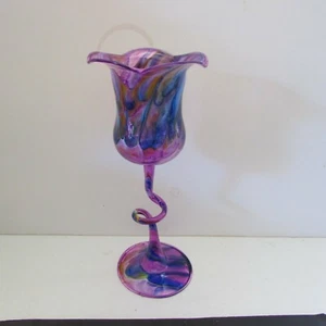 Hand made Purple Swirled FLOWER SHAPED Blown Art Glass/ Vase/Candle holder - Bild 1 von 8