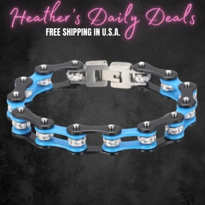 Pulsera de cadena de acero inoxidable para motociclista azul negro cristal Foto 1 de 3
