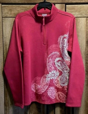LAURA SCOTT Woman’s Sz L Zip Up Collar Fuchsia w Bling Print Pullover Sweatshirt - Image 1 of 4
